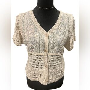 Boho Beige Crochet 100% Cotton Button V-Nec Top-NWOT
